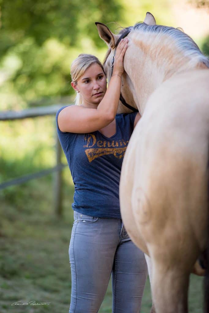 Tierphysiotherapeutin Katharina Ludwig behandelt Pferd am Hals mit manueller Therapie